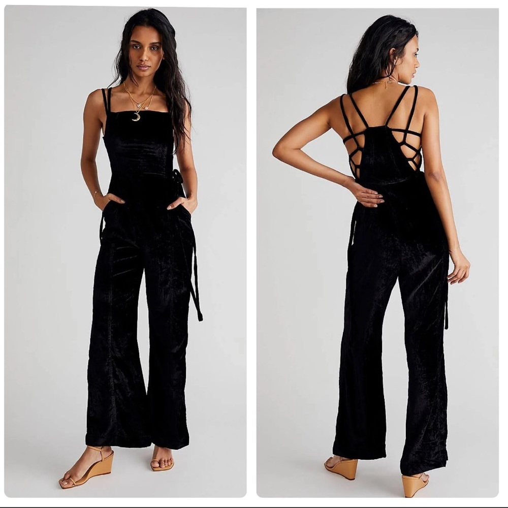 Free People Black Velvet Strappy Back Jumpsuit - Picture 1 of 13
